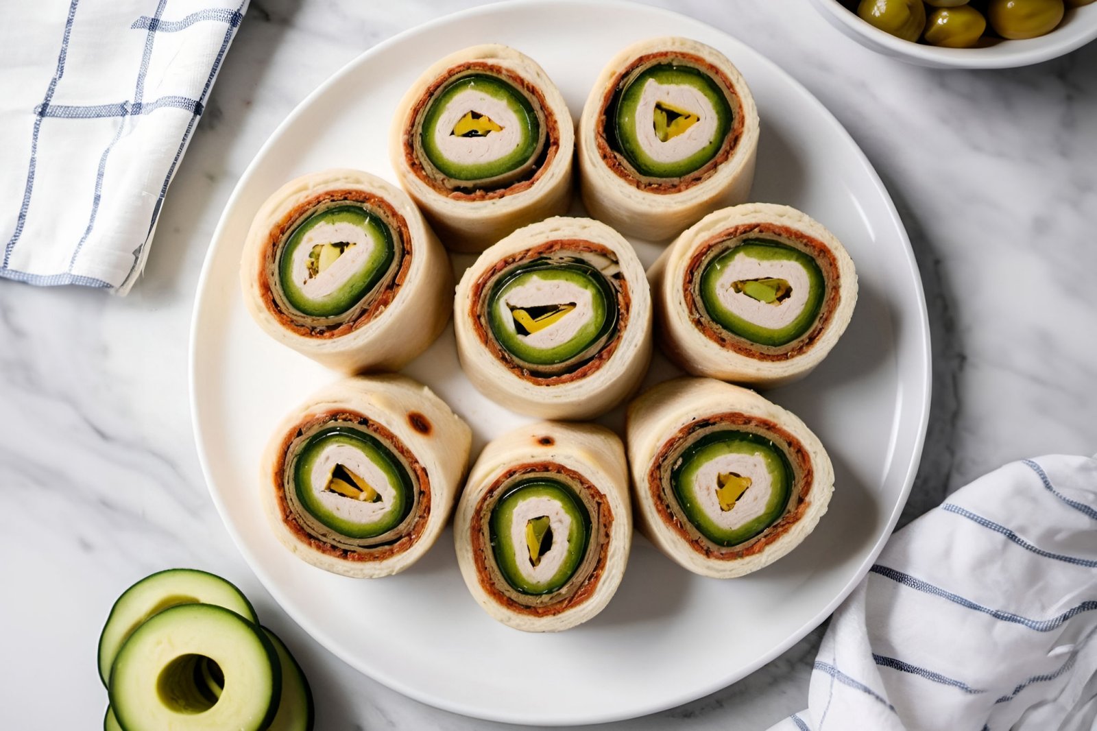 pickle and turkey pinwheel snack for kids made with tortillas, hummus, pickles, turkey, carrots, and spinach leaves