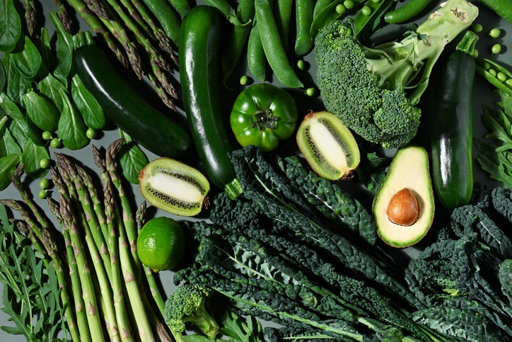 Green fruits and vegetables, including Leafy vegetables, broccoli, kale, kiwi, avocado, green grapes, cucumbers, peas, zucchini that contain key nutrients like Beta-carotene, lutein, indoles, vitamin K, iron, calcium.