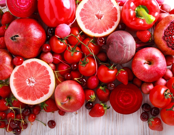 Red fruits and vegetables, including Raspberries, strawberries, tomatoes, red bell peppers, cranberries, and watermelon that include key nutrients like Anthocyanins, lycopene, vitamin A, vitamin C, and potassium
