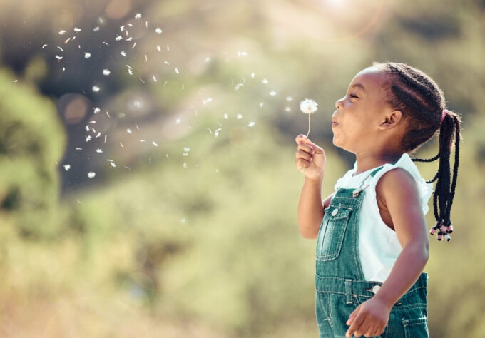 Happy little girl blowing pollen from a flower outside in spring.