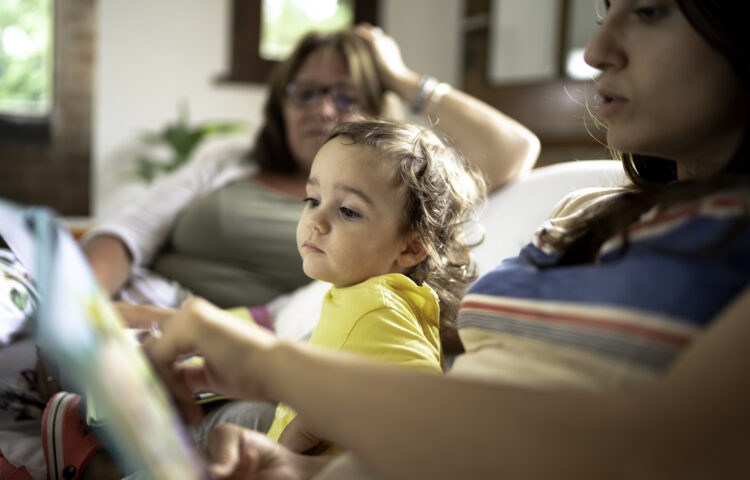 Adult reading a picture book with a young child on a couch, illustrating early literacy development through shared interaction