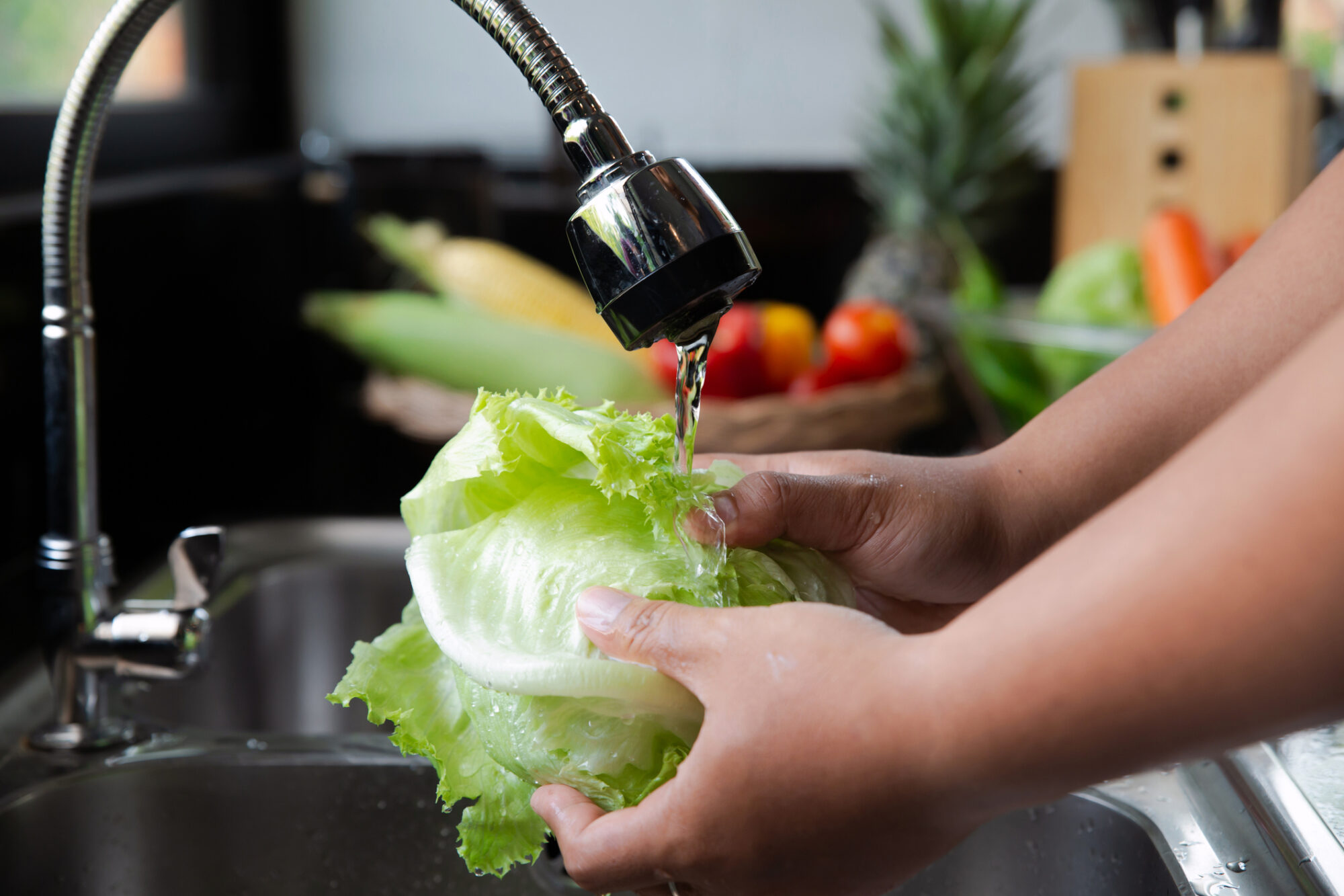 Person rinsing a head of lettuce under running water as a food safety step during a Cyclospora outbreak.